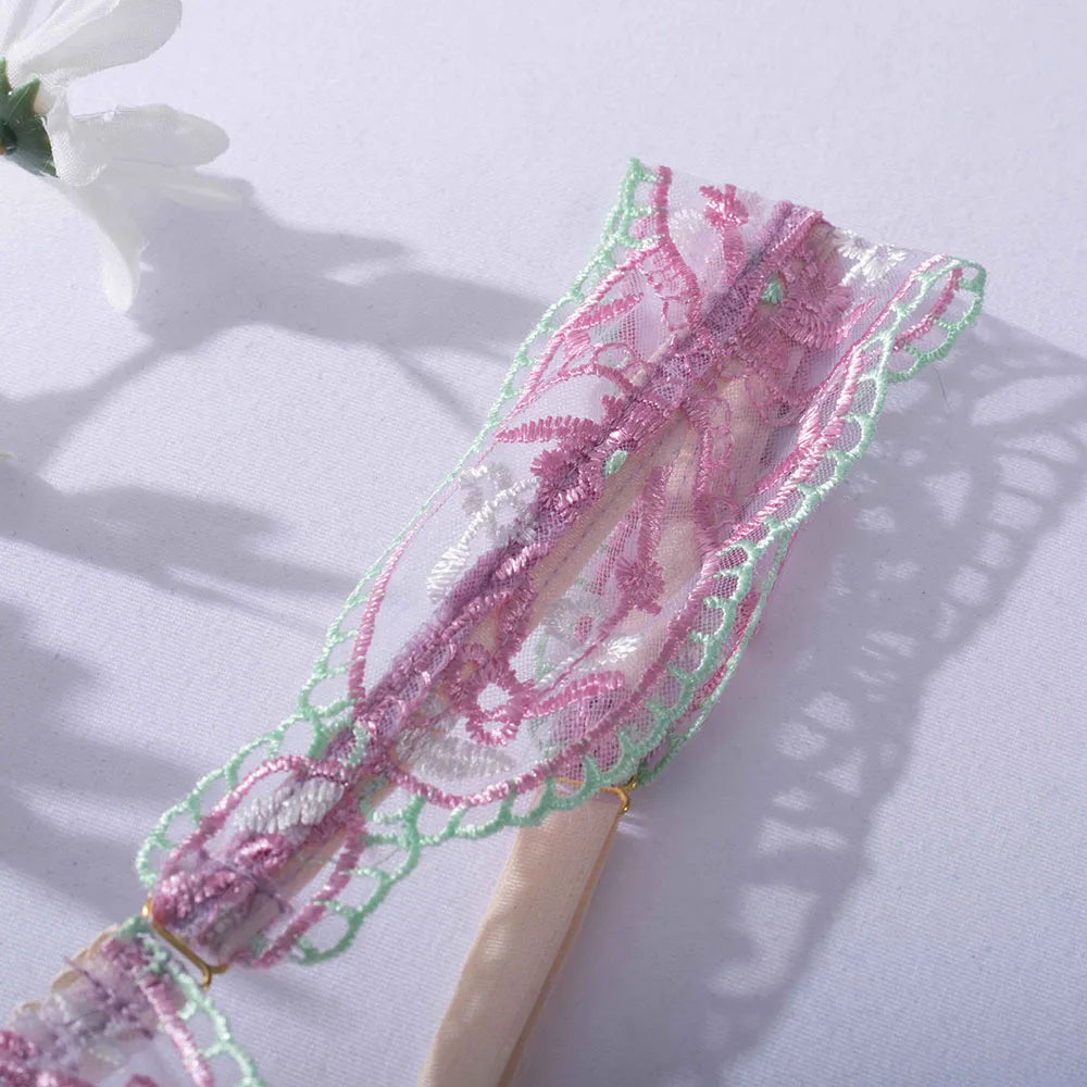 DEROSSI ライトパープル 花柄刺繍シアーレース ガーターランジェリー3点セット