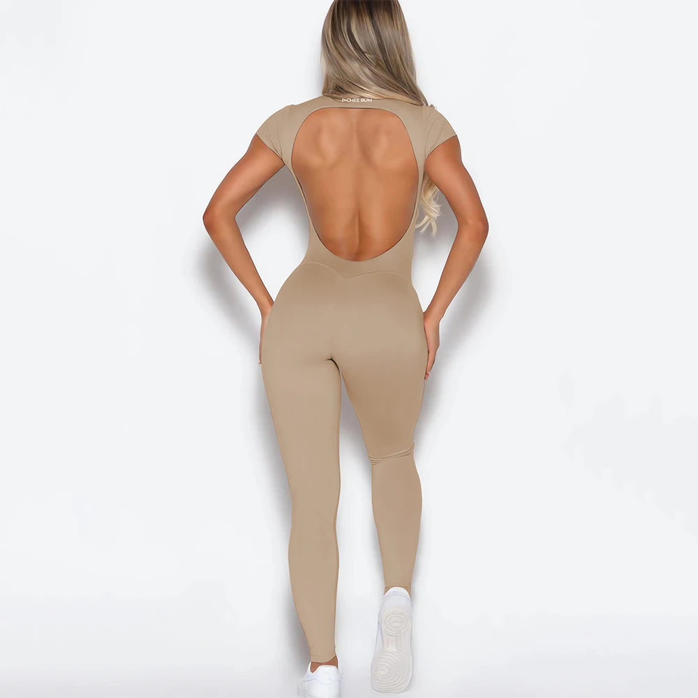 DEROSSI オープンバック半袖ヨガオールインワン カーキ 商品写真 3