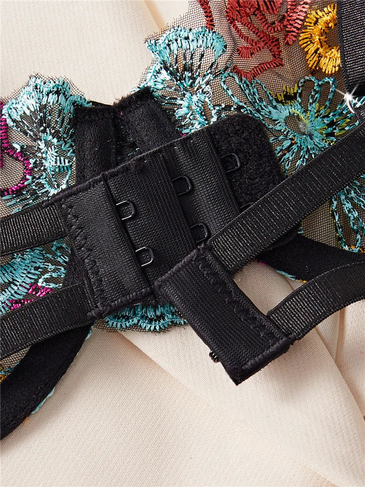 レインボーカラーフローラル刺繍ブラショーツセット