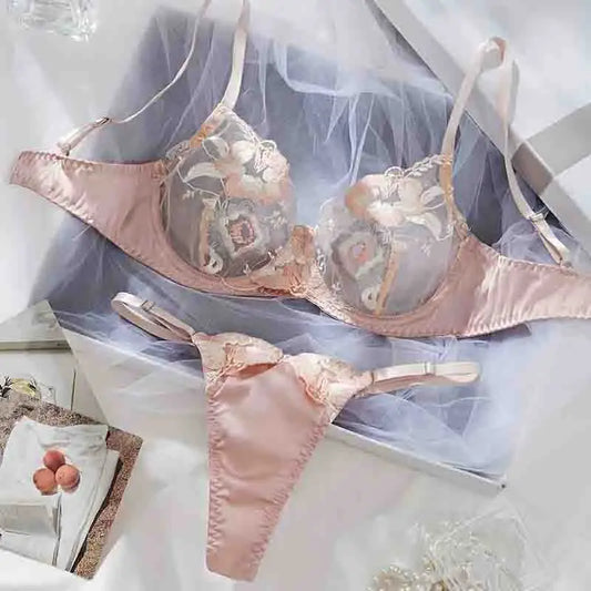 ピンクブルーフローラル刺繍ブラショーツランジェリーセット