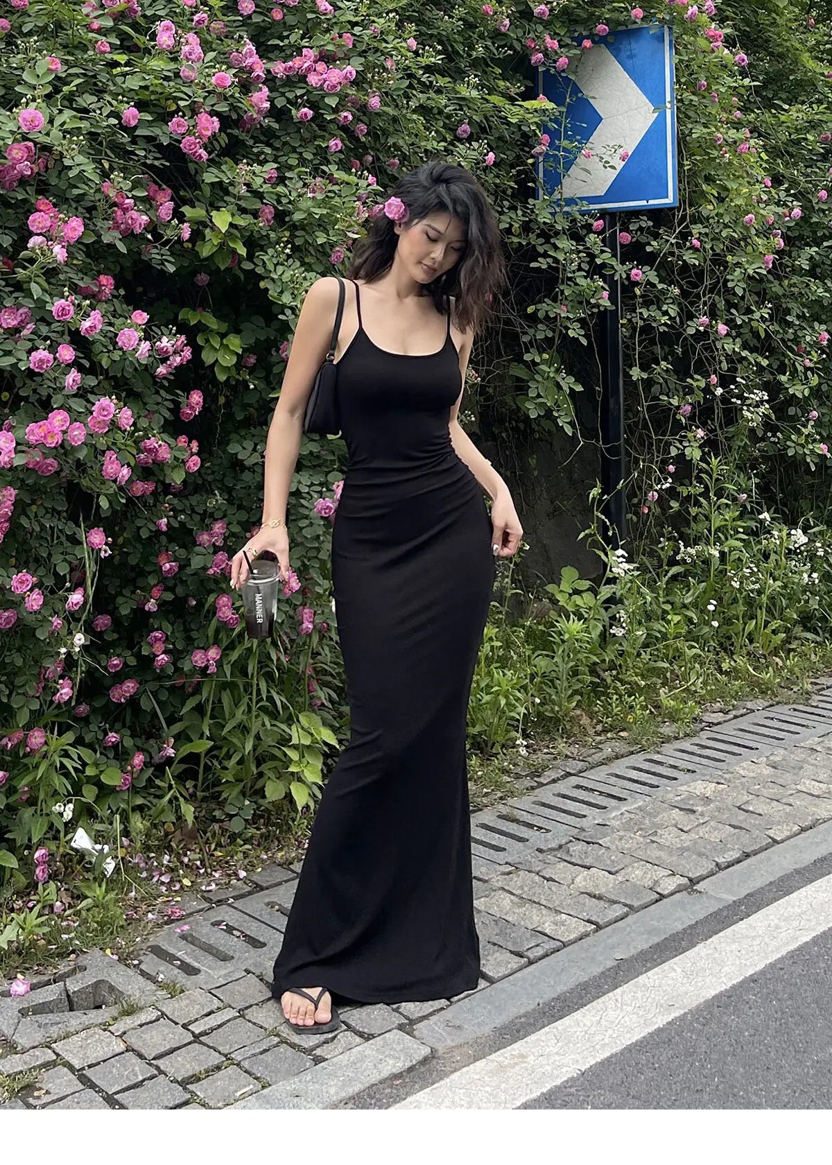 サマーブルースパゲティストラップロングドレスワンピース