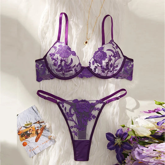 パープルシアーフローラルブラショーツアンダーウエアセット