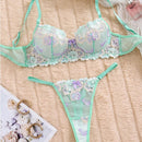 DEROSSI ミントグリーン フローラルエンブロイダリー シアー ブラショーツSET