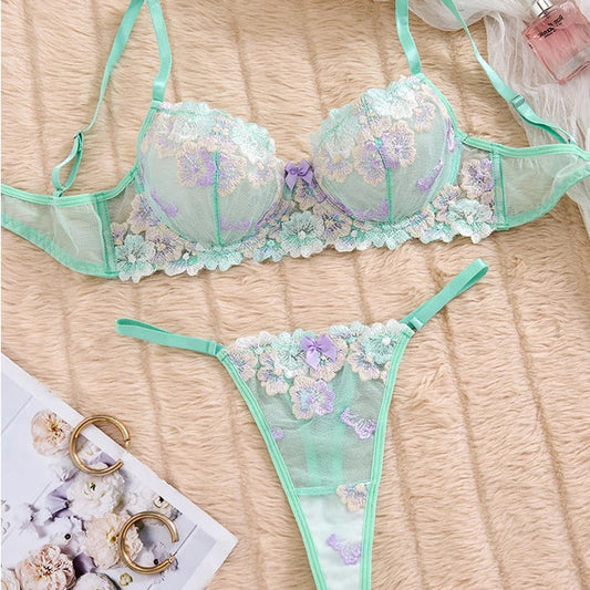 DEROSSI ミントグリーン フローラルエンブロイダリー シアー ブラショーツSET