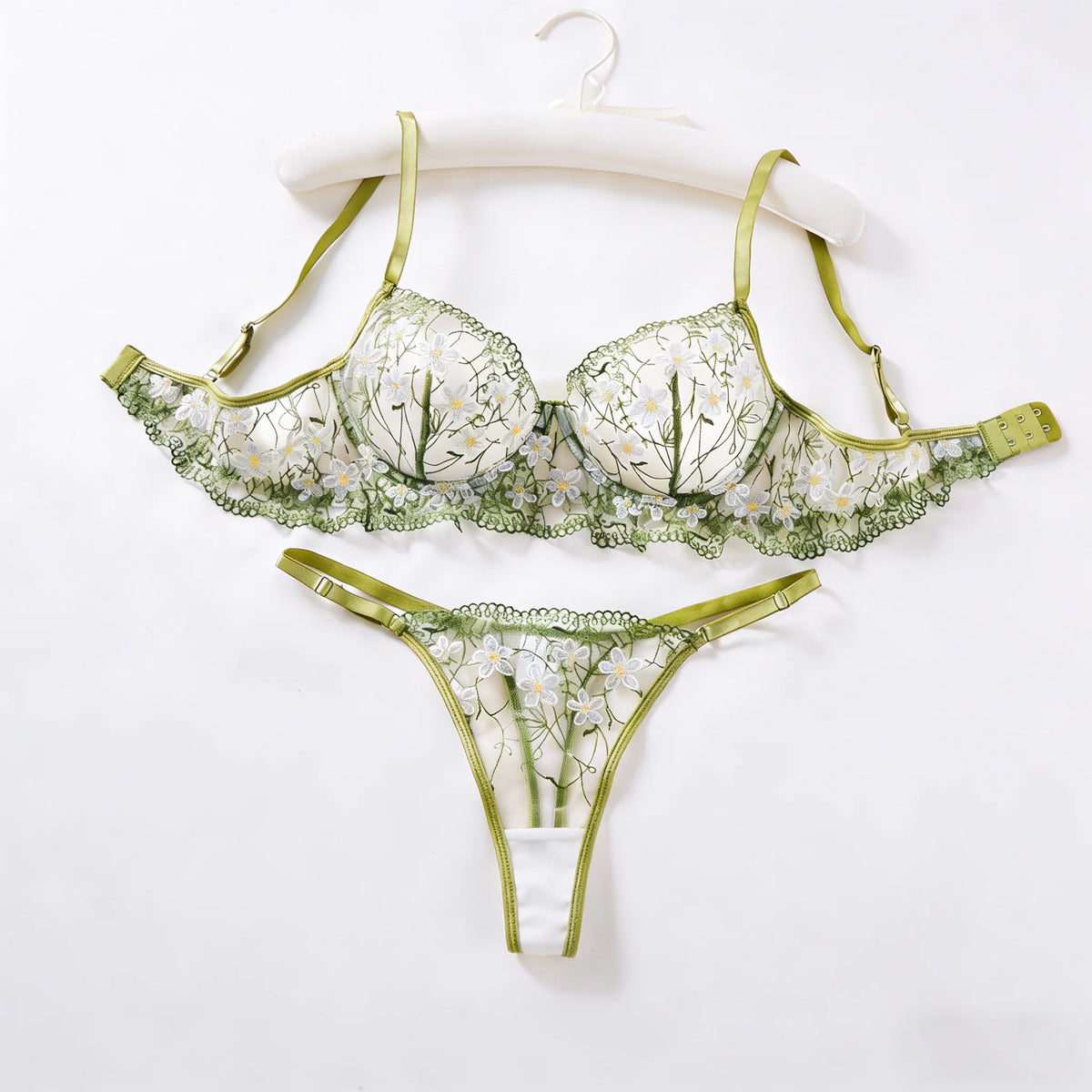 DEROSSI セージグリーン小花刺繍 ブラ＆Tバックセット セージグリーン 商品写真1