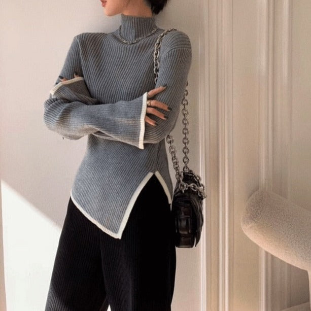 Turtleneck Women Sweater Side Slit Pullover Long Sleeve Basic