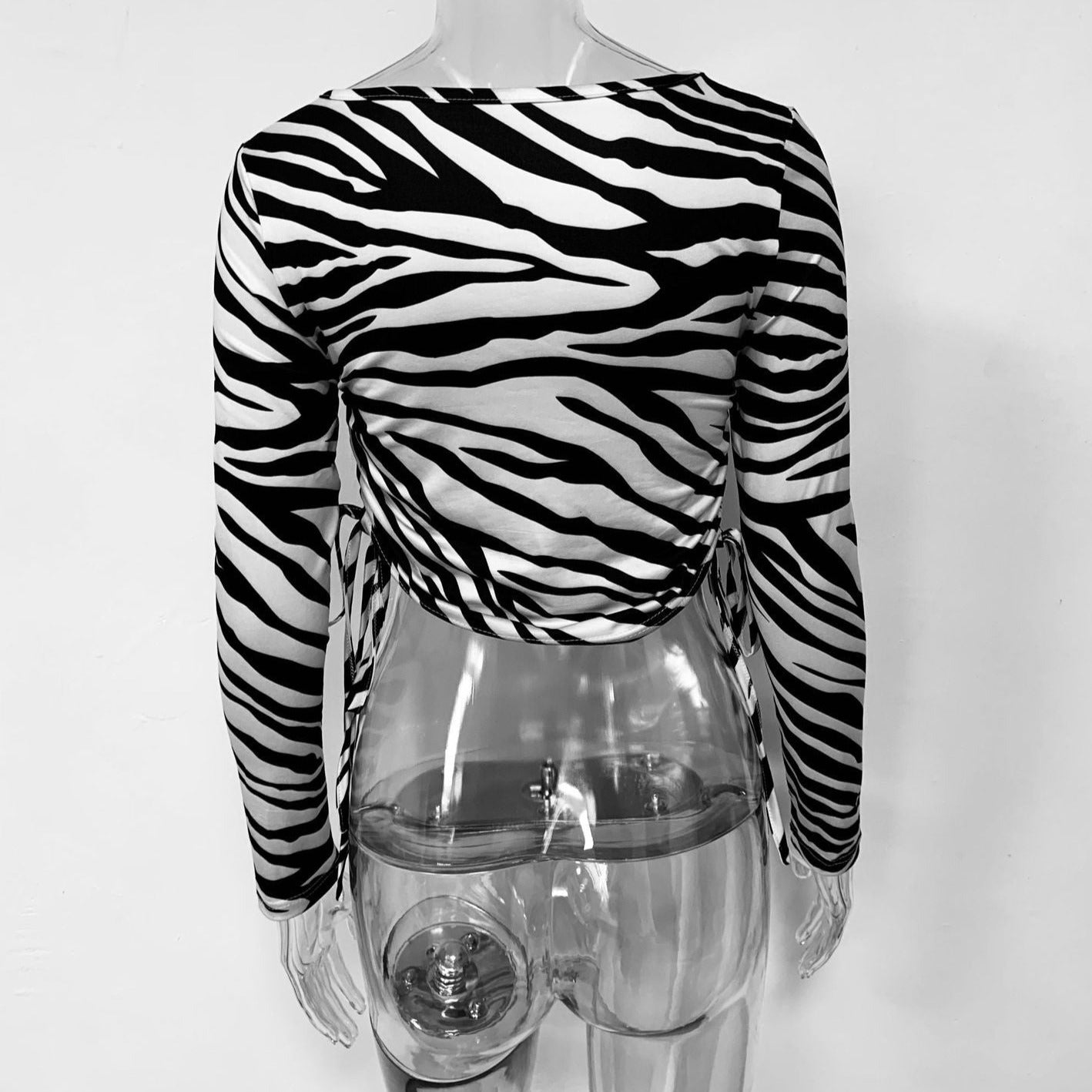 Zebra-stripe Top Stylish Long Sleeve Side Drawstring Crop Tops