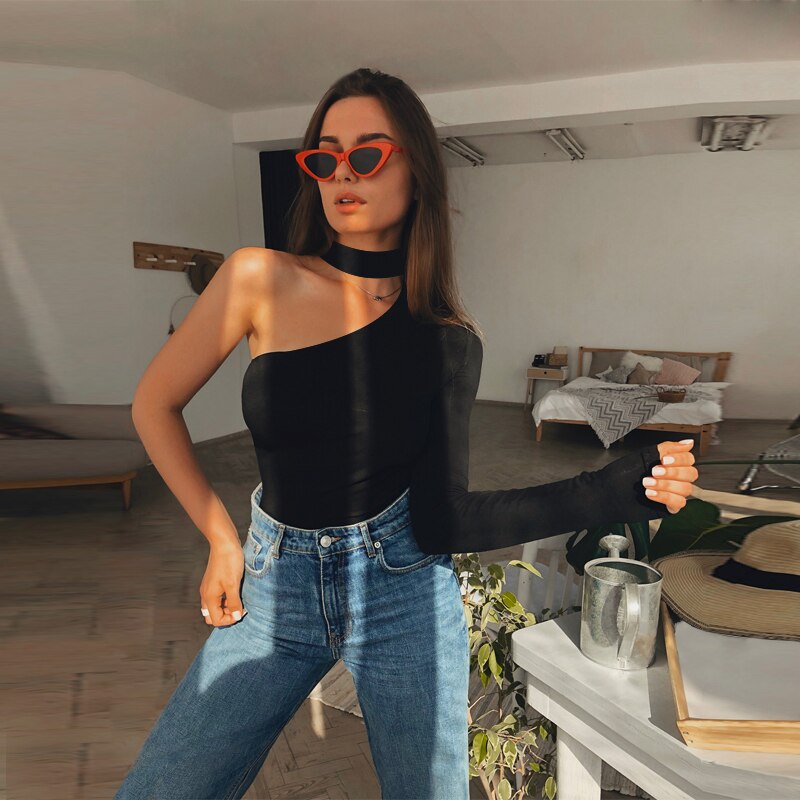 one-shoulder  Bodycon casual long-sleeved bodysuit