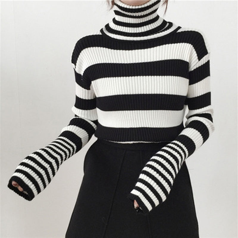 Turtleneck Women Striped Sweater  Slim Pullover