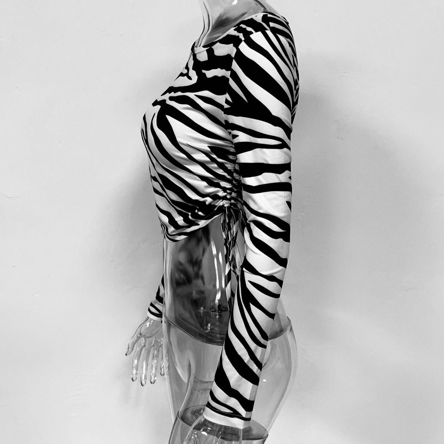 Zebra-stripe Top Stylish Long Sleeve Side Drawstring Crop Tops