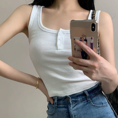 Top Button Ribbed Crop Tops