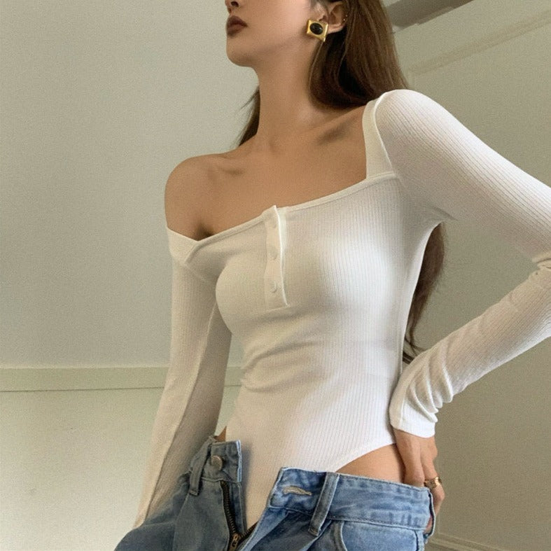 Off Shoulder Long-sleeved Stretch Body sute