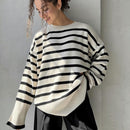Striped Split Turtleneck Women Sweater Long Flare Sleeve