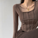 Long Sleeve O Neck Cotton Shirts Bustier Crop Tops
