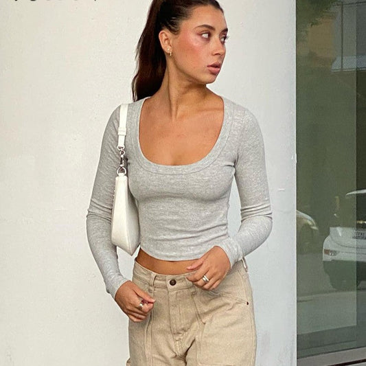 O Neck Gray Women Crop Top Basic Long Sleeve