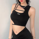 Hollow Out Black Tees Sleeveless Skinny Tops