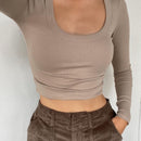 O Neck Gray Women Crop Top Basic Long Sleeve