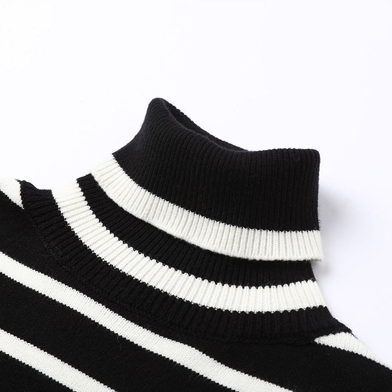 Striped Split Turtleneck Women Sweater Long Flare Sleeve