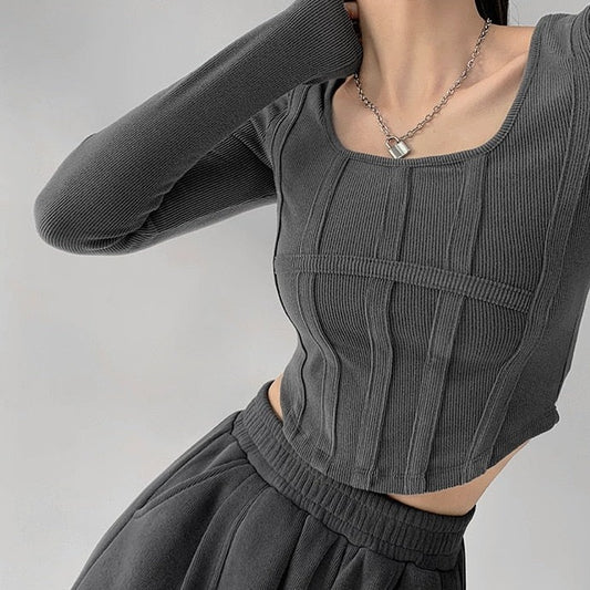 Long Sleeve O Neck Cotton Shirts Bustier Crop Tops