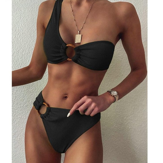 One Shoulder High Waist Black Bikini