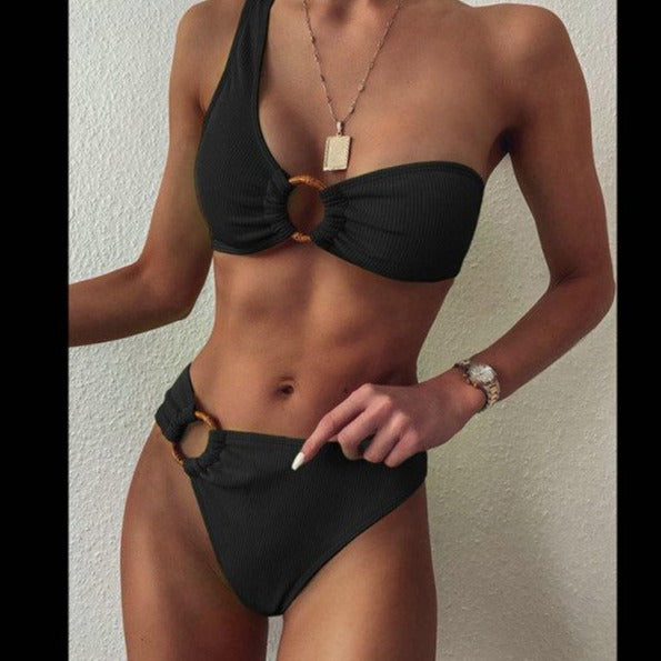 One Shoulder High Waist Black Bikini