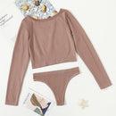 Seamless Ribbed Long Sleeve Top Low Waist Thongs Set