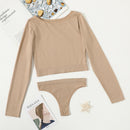 Seamless Ribbed Long Sleeve Top Low Waist Thongs Set